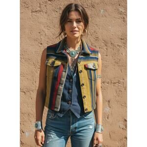 Vintage 60s Cropped Vest Women S Multicolor Striped Boho Button Up Southwestern